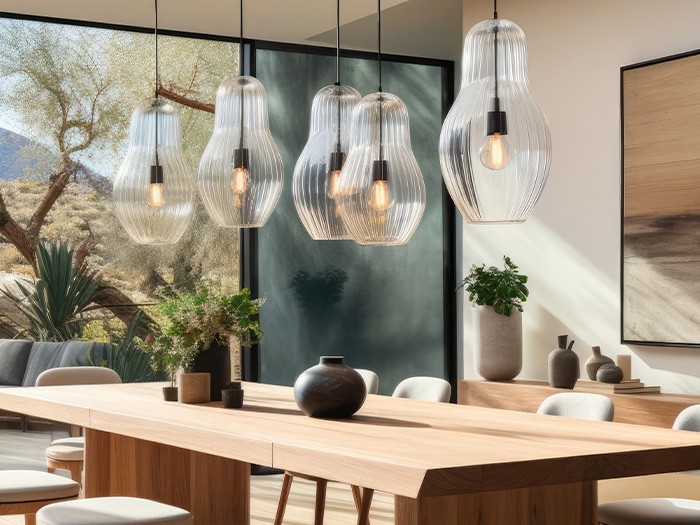 Unique lighting fixtures above a modern dining table.